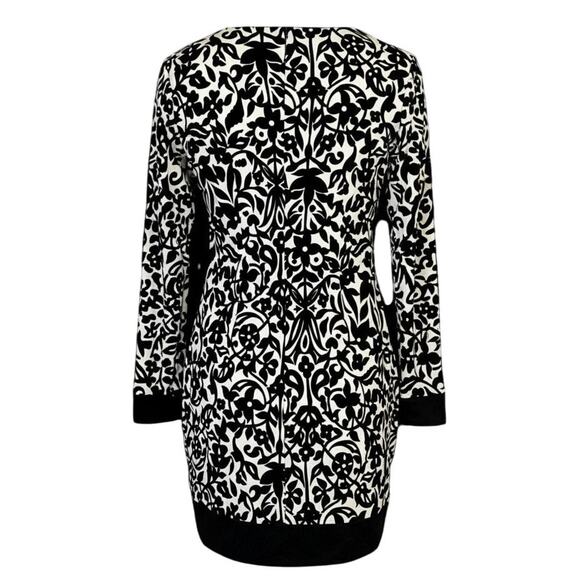 Caché Black & White Floral Print Long Sleeve Mini Dress Women’s 8 Silk Trim - Picture 3 of 5